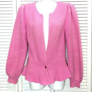 Ohrbach's Vintage 60s Pink Cardigan Sweater Med Peplum Puff Shoulder Barbie